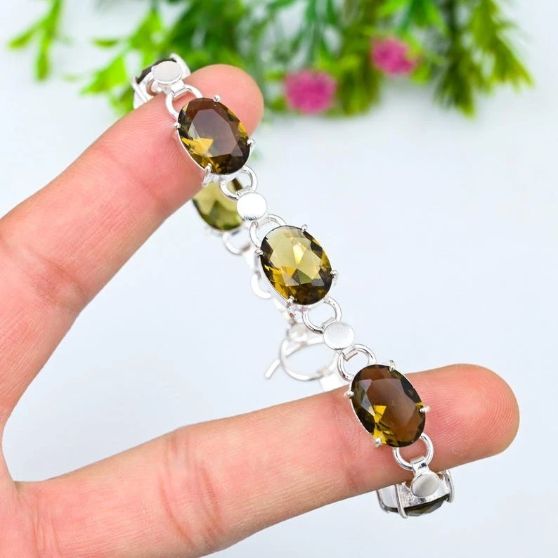 Brazalete de joyería de plata de ley 925 con piedras preciosas de cuarzo ahumado marrón tamaño 7-8" Foto 2 de 4