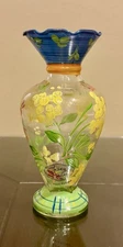 Hand Painted Tracy Porter Yellow Flowers & Dragon Flies Vase Spring Glassware 