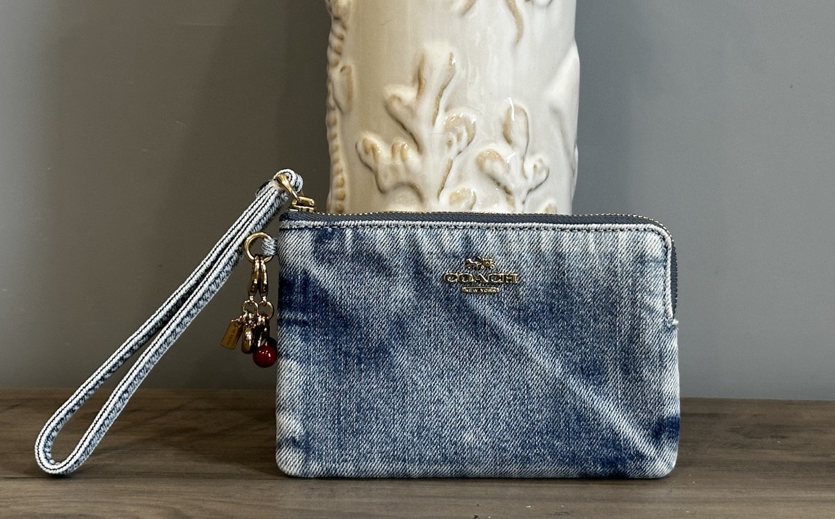 COACH Corner Zip Wristlet In Loved Denim With Charms CEF82 Gold