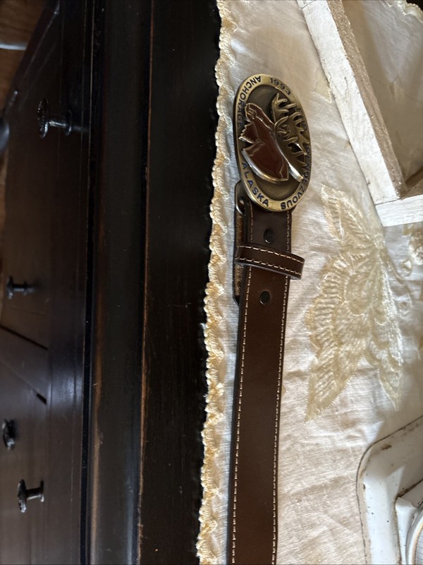 Leather Belt With Anchorage Alaska  Buckle Size 44