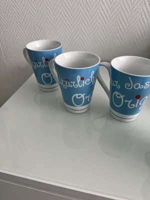 Könitz Kaffeebecher Set 3-tlg Porzellan blau/weiß/rot Schriftzug Spruch