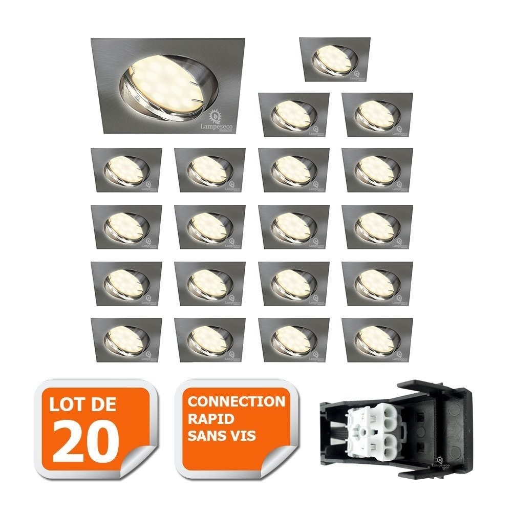 Spot LED encastrable orientable alu brossé carré GU10 230V, la polyvalence d'un lot de 20 pièces