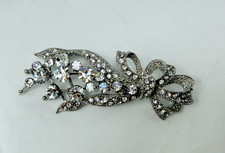 Beautiful Silver Tone Clear Rhinestone 2.75" Bow Ribbon Brooch Pin