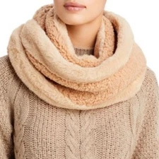 NEW Aqua Camel Tan Sherpa Winter Scarf Faux Fur Infinity Reversible Quiet Luxury