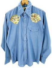 Vtg Bread The Earth Western Shirt Men's Large Blue Snap Front Dog Bird Graphics