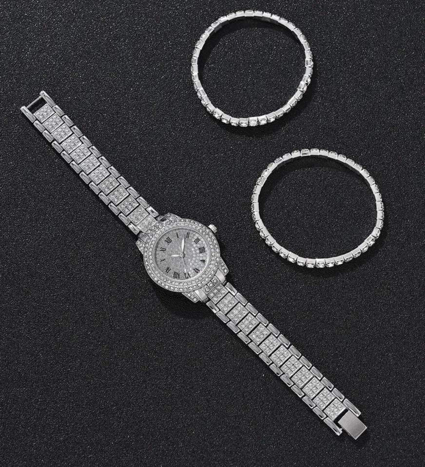 Set 3 Pezzi: Bracciale Tennis Argentato, Orologio Da Polso Uomo/Donna Di Lusso - Immagine 2 di 4