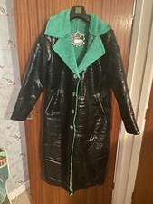 Women Black Faux Leather Green Faux Fur Lined Long Line Coat Size M
