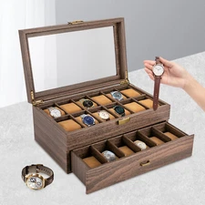 24 Slots Watch Box Watch Case Mens Jewelry Holder Watch Display Case w/ Drawer
