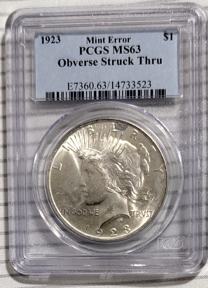 1923 P Peace Dollar Obverse Struck Thru Error PCGS MS63 Lustrous Beauty - Image 2 of 4