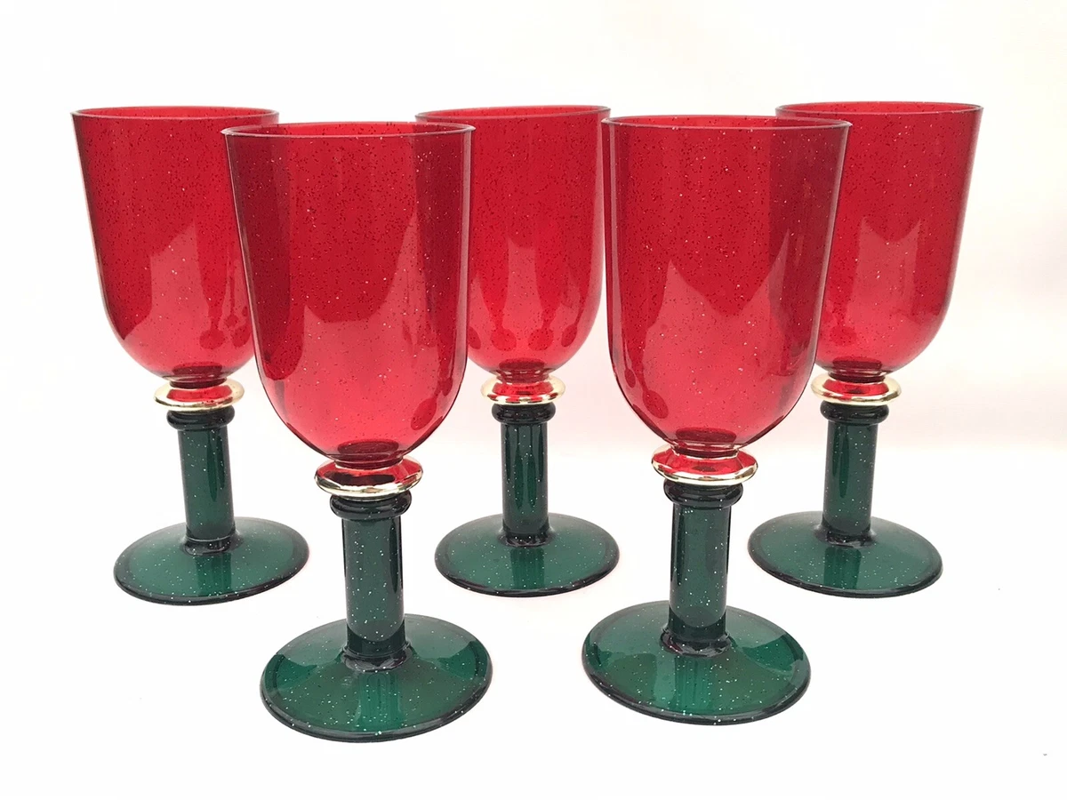 Vintage 5 pcs RED Green Glitter PLASTIC GOBLETS Wine Champagne Holiday Glasses