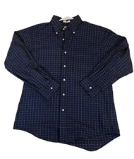 LL Bean Shirt Men's Plaid Single Needle Tailoring Blue Made in USA Navy 16 32