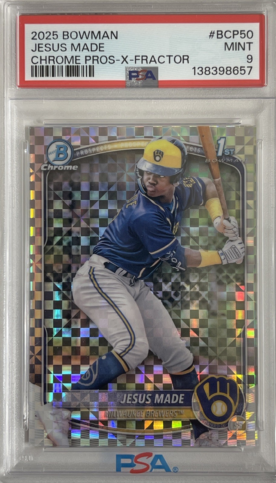 Jesus Made 2025 Bowman Chrome 1st. Bowman X-Fractor #BCP-50. Milwaukee Brewers
