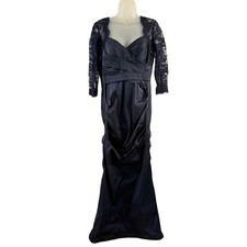Teri Jon Dress Womens 8 Navy Blue Lace Sequin Mermaid Maxi Ruched Formal Gown