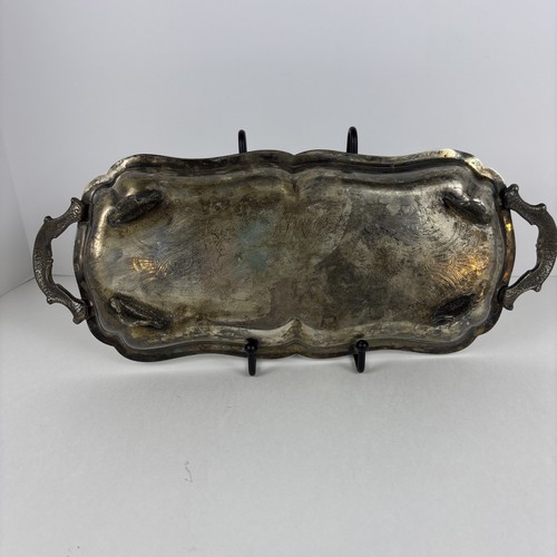 Leonard Silver Plated Serving Tray Etched Footed Handled 14”x5.5” Rectangular - Picture 2 of 9