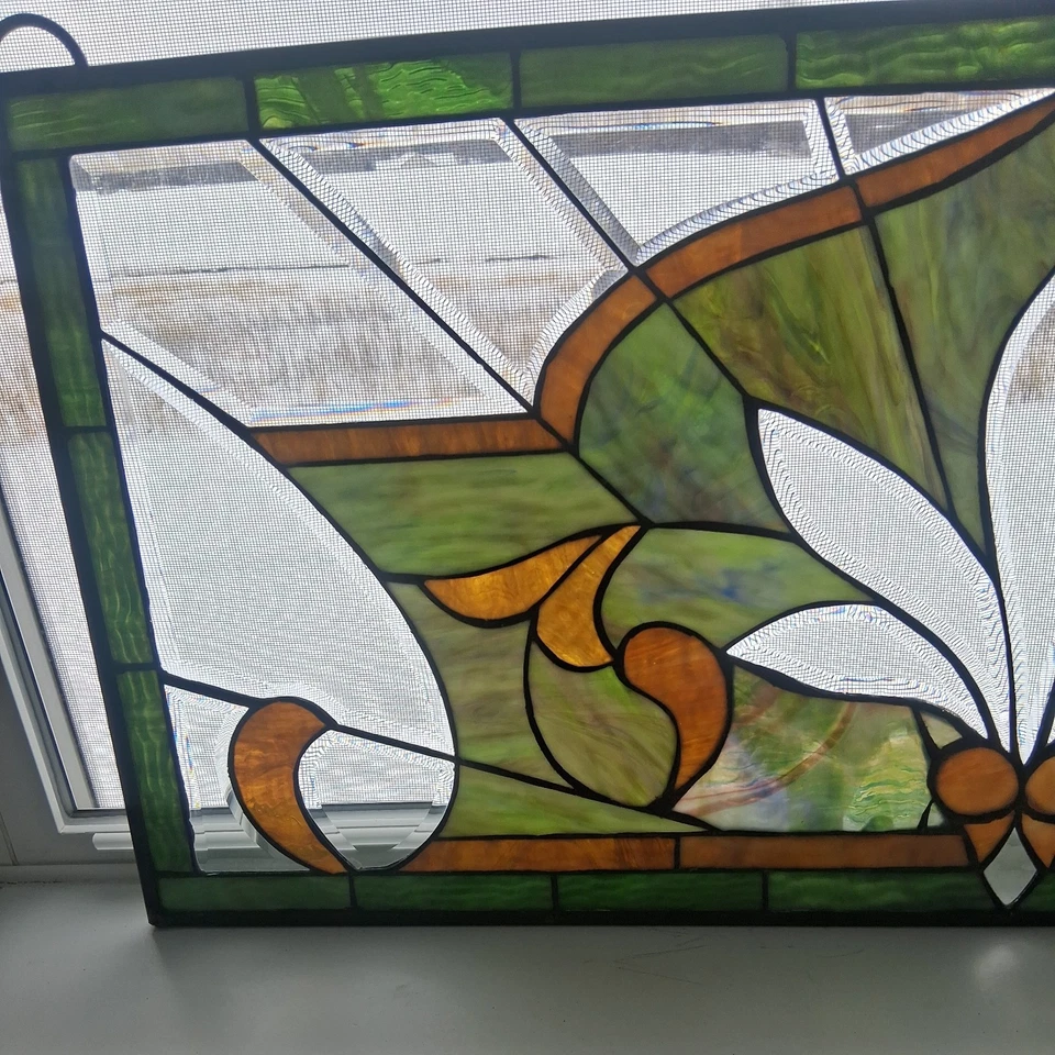 Leaded Stained Glass Transom Window Lotus Flower 36.5 x 16.5 Inches Window Panel - Image 4 of 4