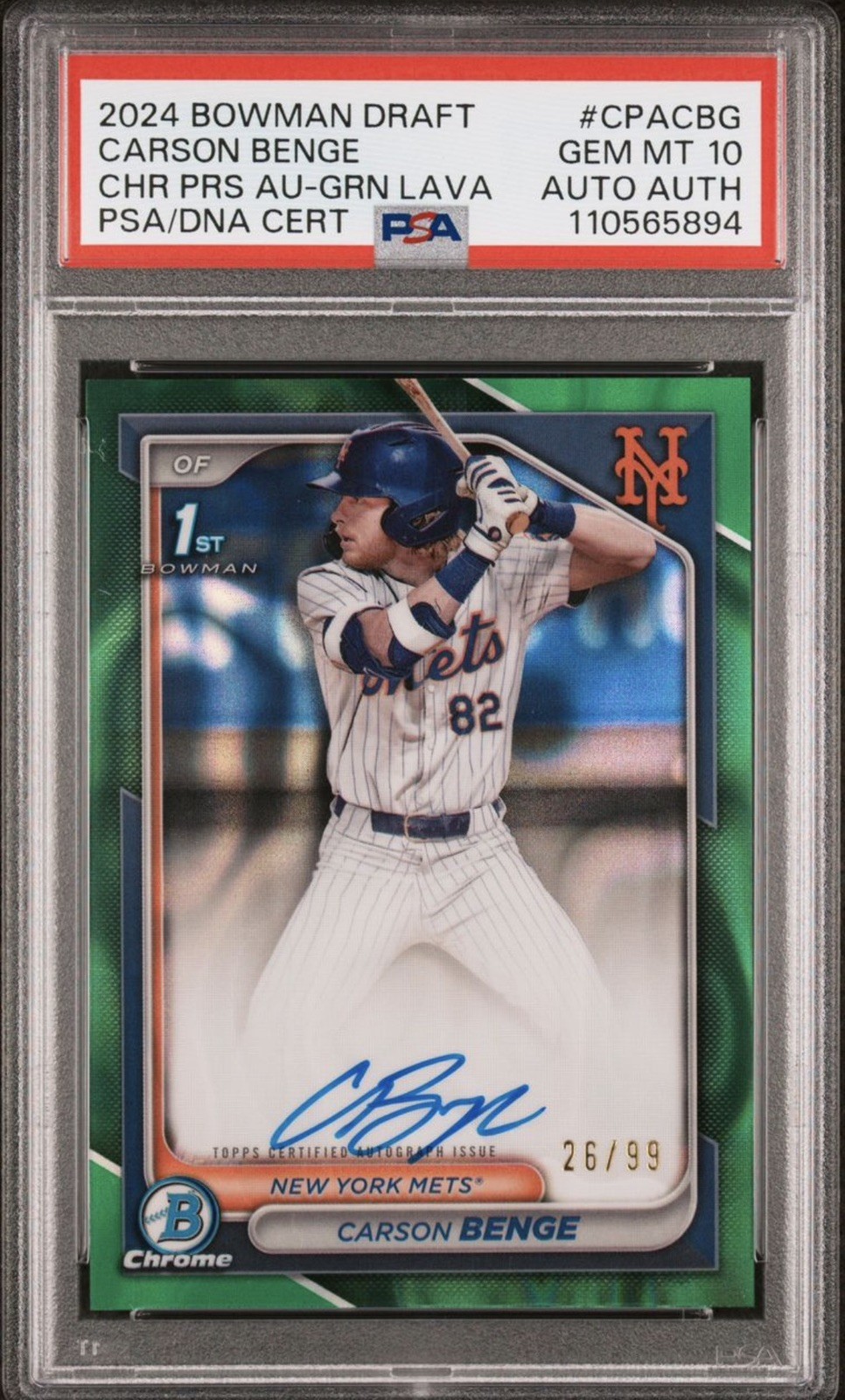 2024 Bowman Draft Chrome 1st Carson Benge Green Lava Refractor Auto /99 PSA 10