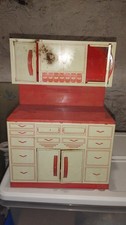 Vintage Toy Kitchen Sink Cabinet Hutch w/ Drawers Doors, Red White