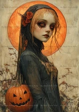 CREEPY PUMPKIN WITCH GIRL ART PRINT, Halloween Decor, Dark Fantasy Gothic Poster