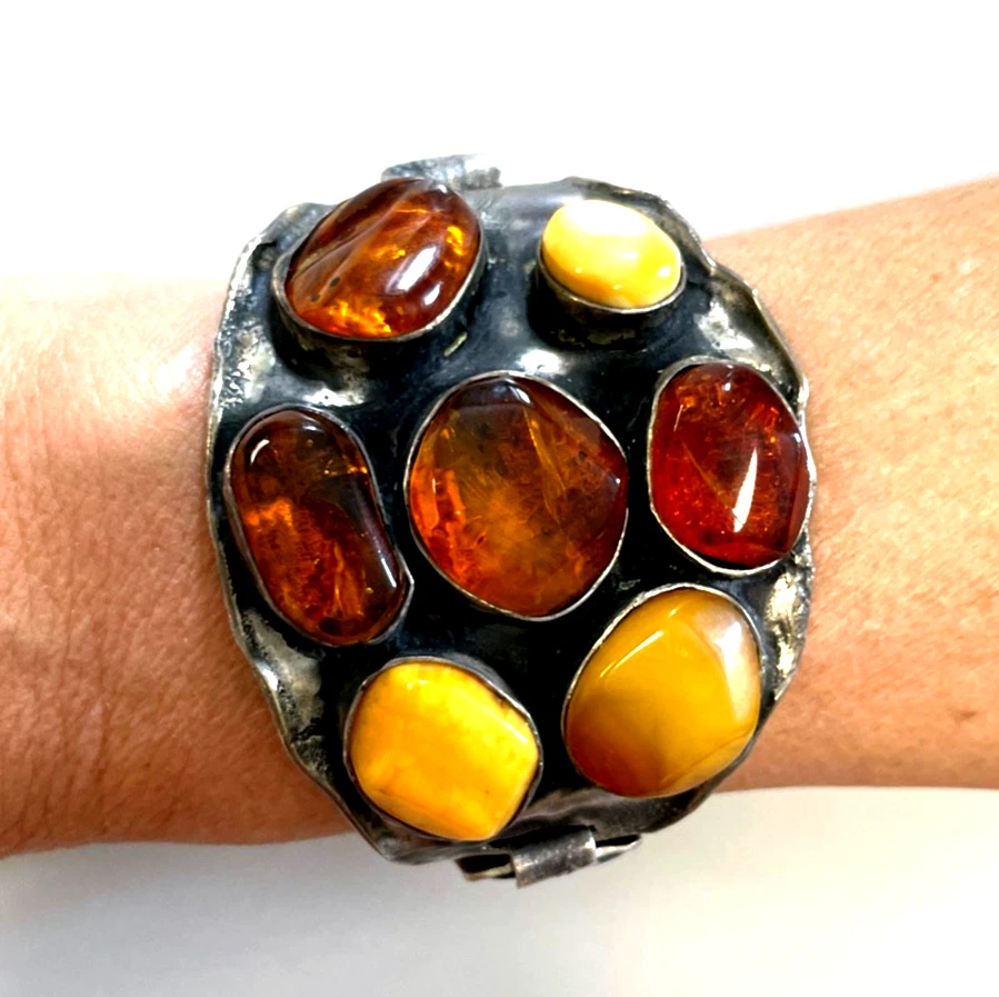 Mega Armreif 925 Silber Silberschmied Unikat diverse Bernstein Cabochons - Bild 3 von 4
