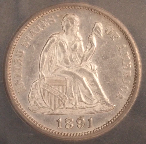 1891 Seated Liberty Dime. ICG AU-53. Starts at .99. NO RESERVE