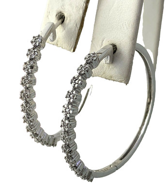 14k Solid White Gold Signed D.J.A Large Diamond Hoop Earrings 0.53 ct. t.w.