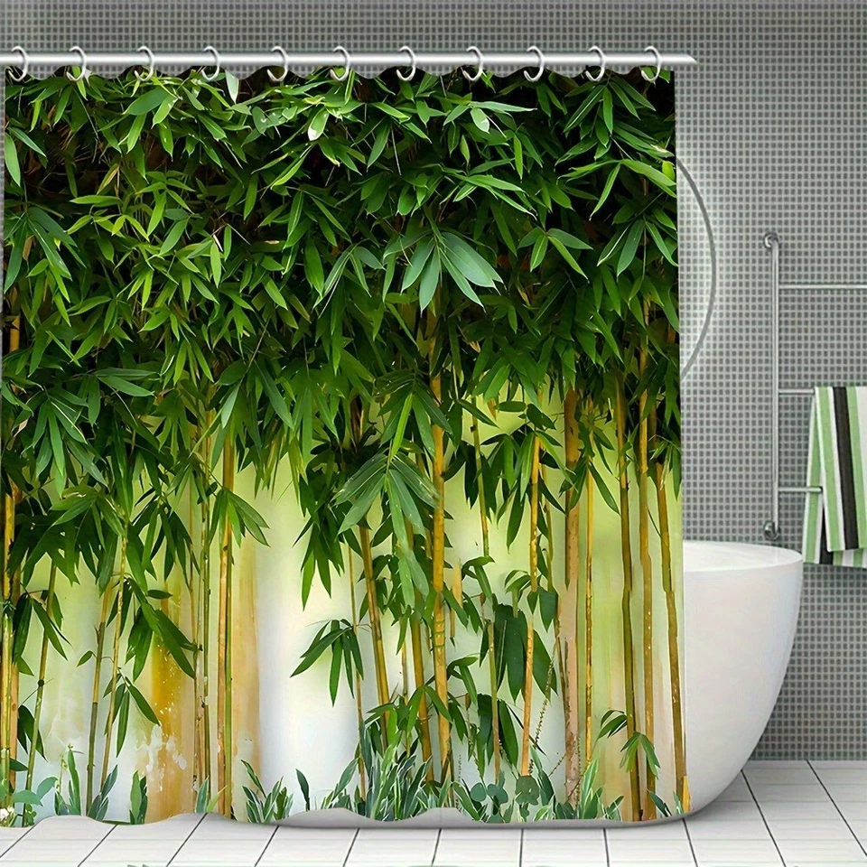 Cortina de ducha de hojas de bambú 3D alfombras de baño alfombra de baño suave cubierta de tapa de inodoro nueva Foto 3 de 4