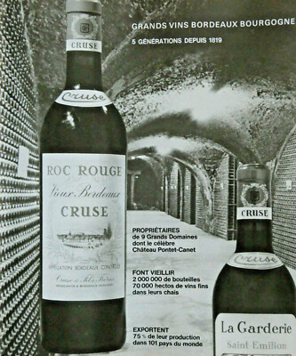 PRESSEWERBUNG 1972 WEINE AUS BORDEAUX ROC ROUGE CRUSE - LA GARDERIE EMILION