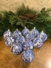 12 Blue/White/Silver Chinoiserie Inspired 2.5” Handmade Christmas Ornaments, New