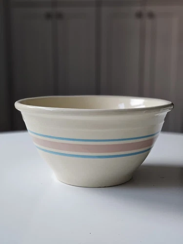 VTG Yelloware McCoy Oven Ware Pottery 10" Banded Striped Mixing Bowl Pink Blue