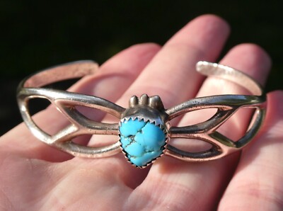 NA Navajo Fannie Platero Sterling Silver Turquoise Sandcast Cuff