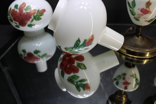 PAIR Vintage Hand Painted Glass Hurricane Style Boudoir Lamp with Matching Shade - Picture 5 of 8