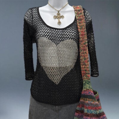 y2k  scene mesh sheer black fishnet heart graphic miss popular small