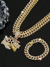 TRUST NO ONE Pendant 20" Iced Cuban Cubic Zirconia Chain Necklace & Bracelet