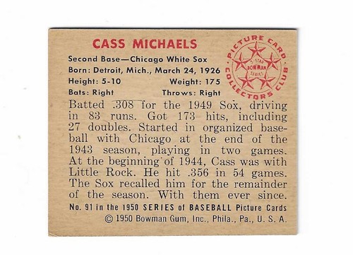 1950 Bowman CASS MICHAELS Chicago White Sox card 91 Off-Center - Picture 2 of 2