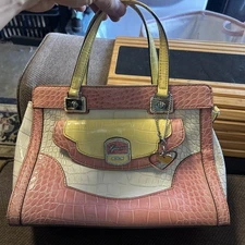 Guess Faux Patent Leather Croc Embossed Three Tone Handbag Purse With Rare Charm