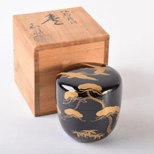 Japanese Tea Caddy Natsume Shochiku Makie Pine and Crane Design by Kasho w/Box