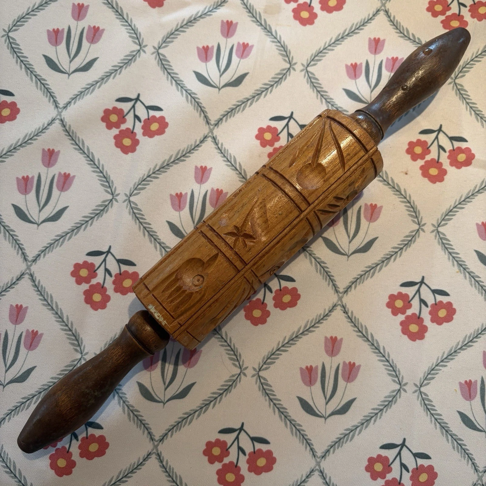 Vintage Carved Wooden Dough Rolling Pin for Springerle cookies 14 Long 2 Wide