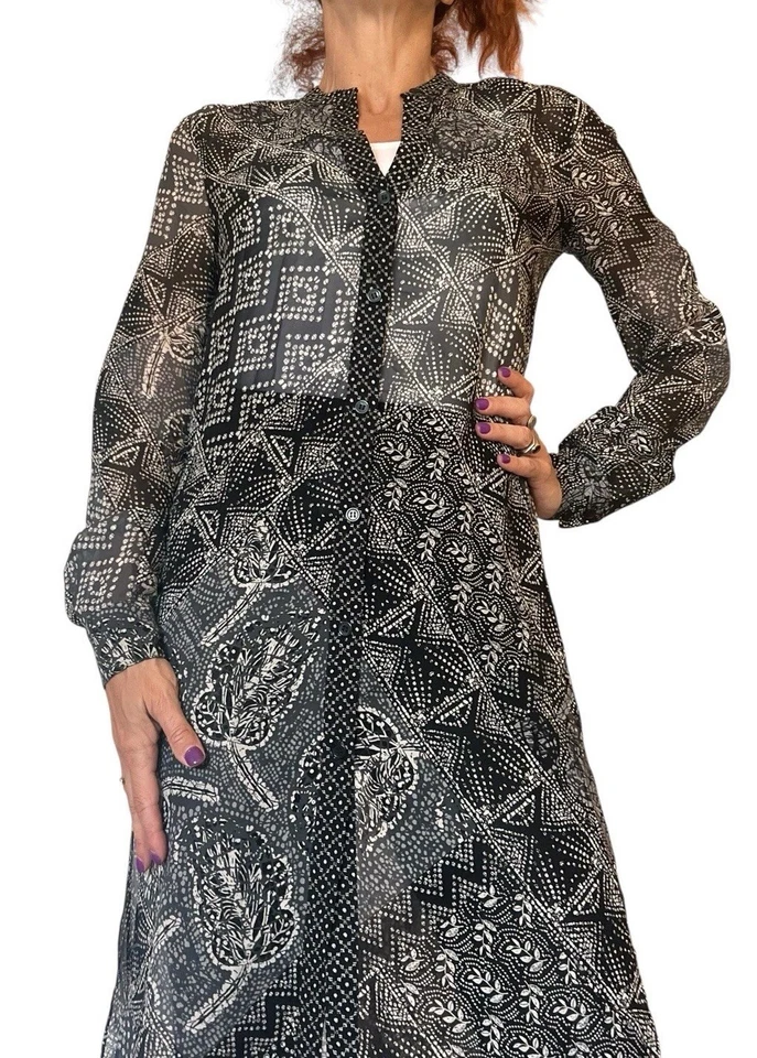 BCBG MAX AZRIA GEOMÉTRICA SEMI TRANSPARENTE CHIFÓN TÚNICA LARGA TAPA CAFTÁN XXS Foto 4 de 4