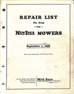 New Idea M-34 Repair List Manual Mowers 1958 Farm Equipment Parts