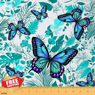 Gradient Butterfly Fabric Teal Blue Leaves by Yard Soft Flannel 2 Yards