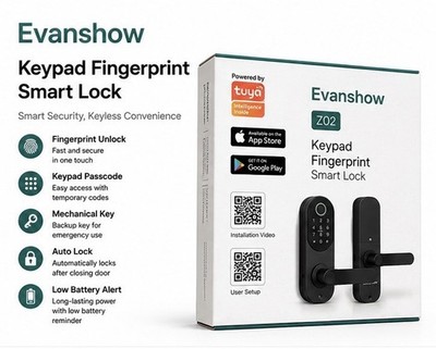 Evanshow Z02 Fingerprint Keypad Smart Lock, App, Alexa/Google, Black