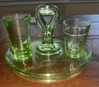Vintage Uranium Depression Glass Heart, Handle Tray And Two Shot Glasses