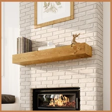 Rustic Floating Fireplace Mantel - Natural Wood Shelf 48x8x5 Inch