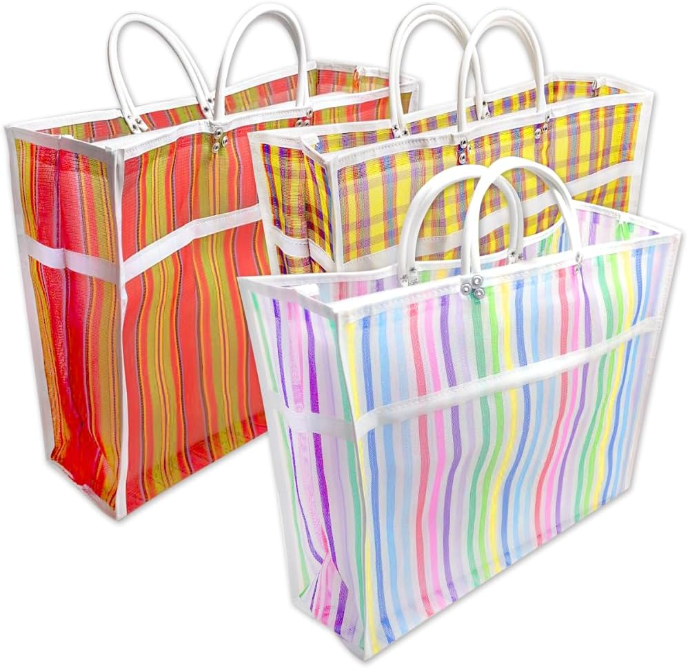 Pack of 3 Large Size Gusseted Mercado Bags - Mexican Tote Market Reusable Grocer