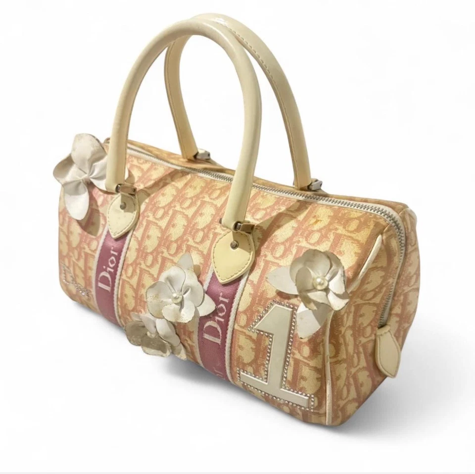 Auth CHRISTIAN DIOR Pink Trotter Canvas and Leather Boston Bag Purse #61285 - Image 2 of 4