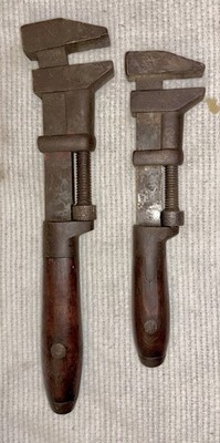 VINTAGE PAIR OF COES WRENCH CO. WOOD HANDLE MONKEY WRENCHES (BENT) 15'' & 12''
