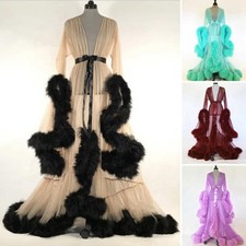 Women's Sheer Sleepwear Nightwear Robes Artificial Feather Trim Dresses New