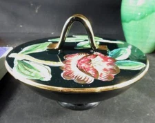 Black & Gold HP Italian Italy Covered Candy Dish Flowers Signed H.Lilly