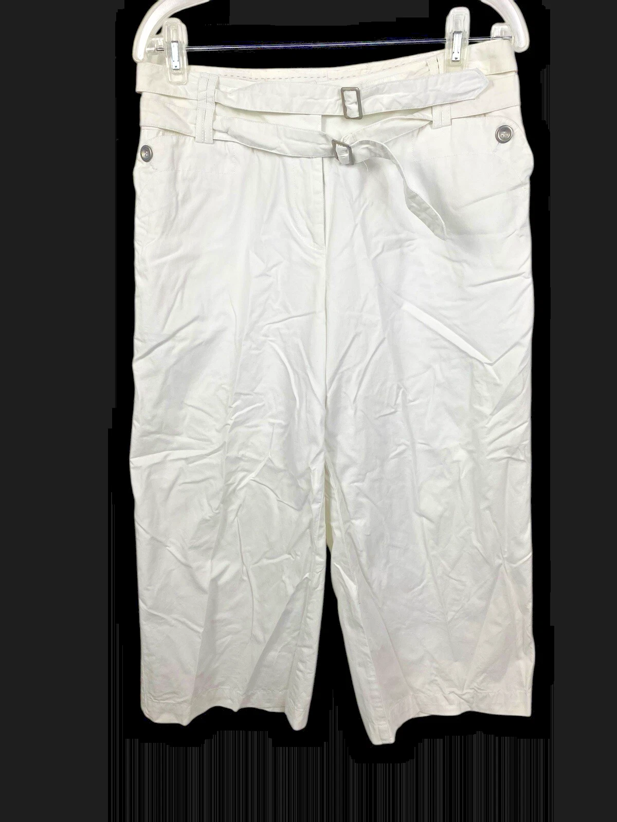 Carole Little Capris Crop Pants 10 White Stretch Wide Leg Belt Preppy Coastal