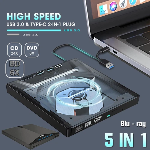 5in1 Externes DVD CD Laufwerk UHD M-Disc USB3.0 Blu Ray Brenner für Laptop PC